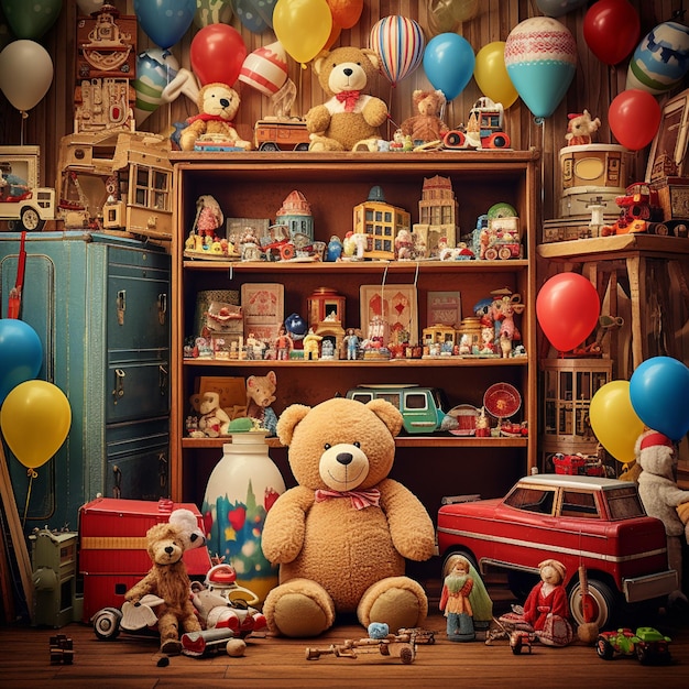 Vintageinspired Whimsical Scene with Charming Toys and Games