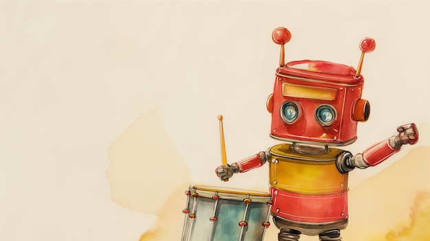 Vintagestyle illustration of a red and yellow robot with a drum and drumsticks