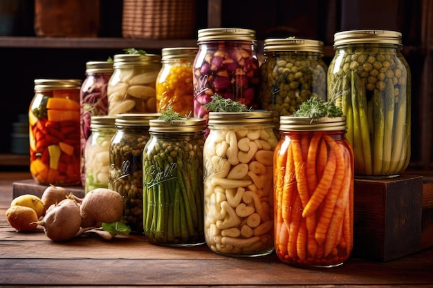 Vintagestyle jars filled with canned veggies created with generative ai