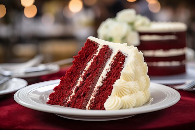 A vintagestyle photo of red velvet cake displayed on a retro cake stand