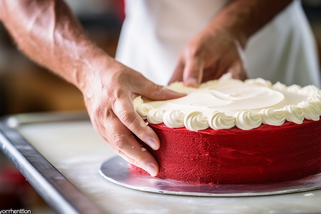 Foto una foto vintagestile di una torta di velluto rosso esposta su uno stand di torte retro