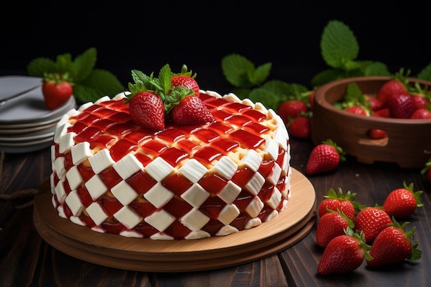 A vintagestyle photo of a strawberry cake on a floralpatterned plate