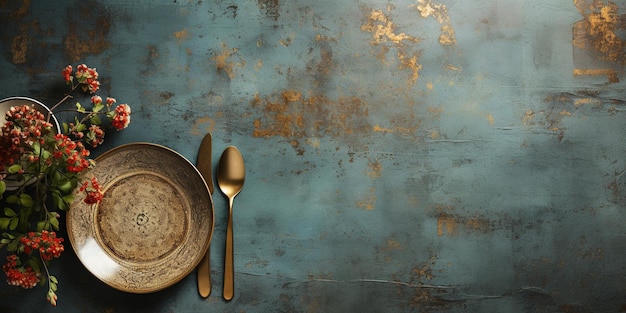 Vintagestyle presentation red plate and cutlery against a grunge gray backdrop