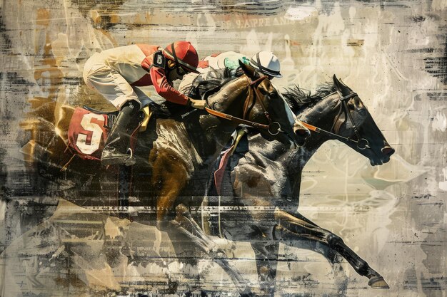 Foto corsa di cavalli in stile vintage con intensa competizione e numero chiaramente visibile sul fantino