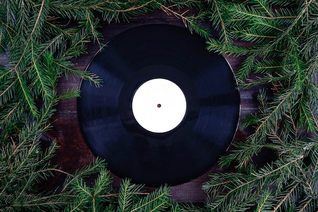 Vinyl gramophone record in christmas or winter style