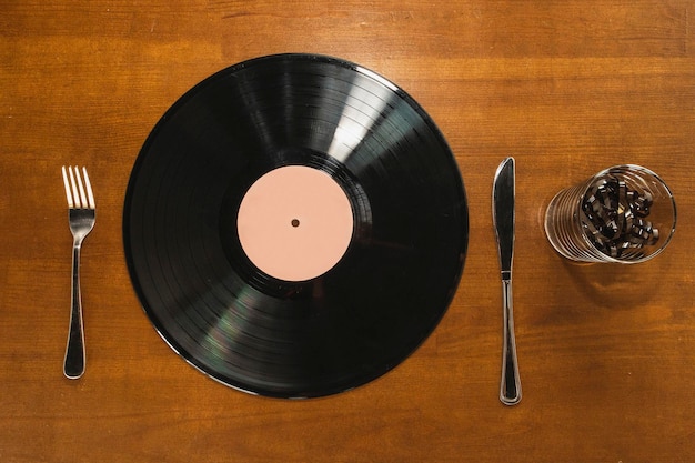 Vinyl record and audio cassette instead food and drink