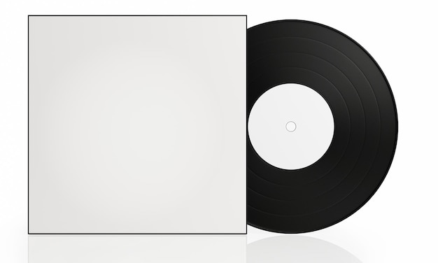 Photo vinyl record black blank white cover on a white background there is a reflection on the ground