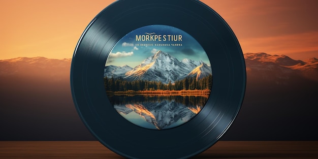 Photo vinyl record cover template mockup with a mountain landscape