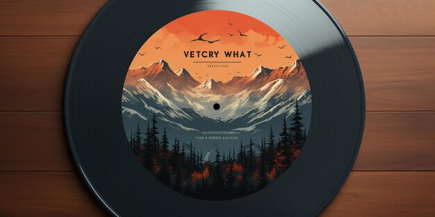 Photo vinyl record cover template mockup with a mountain landscape