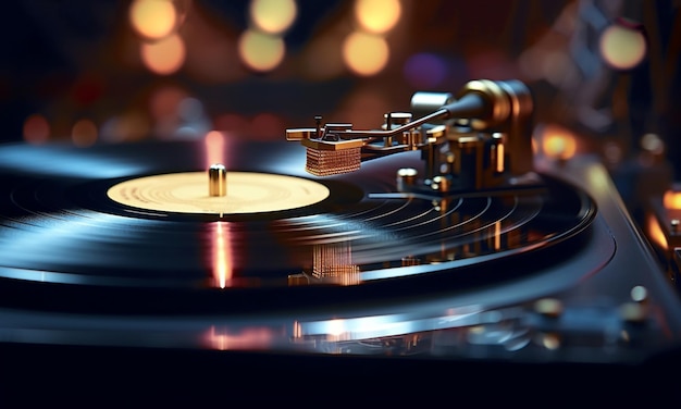 Vinyl record player bright lights discobokeh needle on vinyl recordvintage record player while