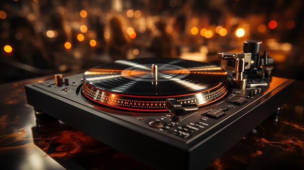 Vinyl Record Player with Vibrant Disco Lights and Bokeh