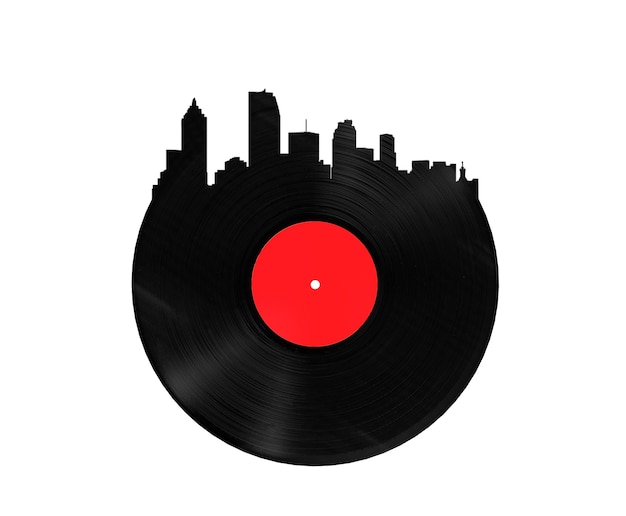 Vinyl record in the shape of a city 3D render on a white background