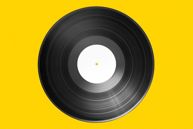 Vinyl record with bank label isolated on yellow background mock up