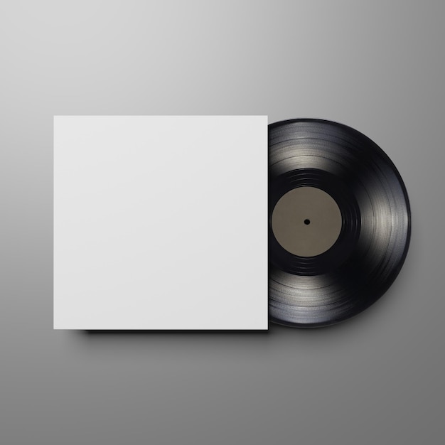 Photo vinyl record with blank cover on gray background mock up template