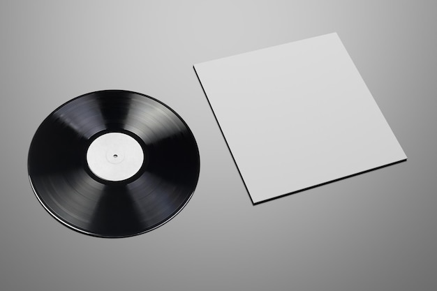 Photo vinyl record with blank cover on gray background mock up template