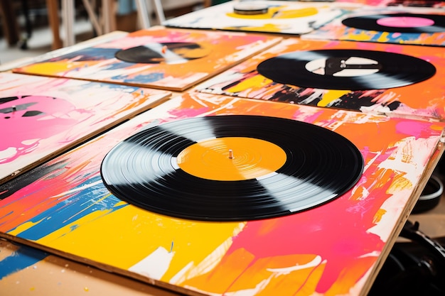 Vinyl records are displayed on a wooden background