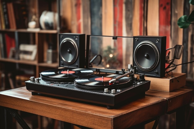 Vinyl records and headphones on wooden table created with generative ai