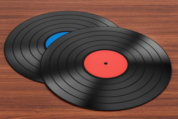 Vinyl records on the wooden table 3D rendering