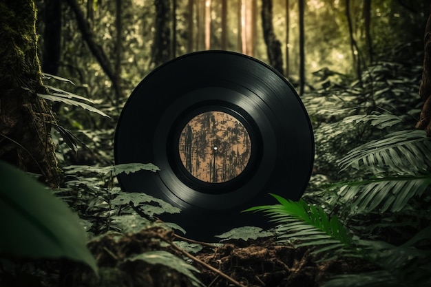 Vinylplaat op groene jungle achtergrond Generatieve AI