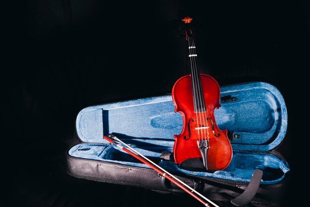 Photo viola resting on its case with the bow