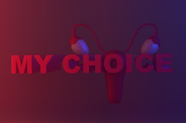 Violation of women\'s rights to abortion the inscription is my\
choice and the symbol of the female uterus red background 3d\
render