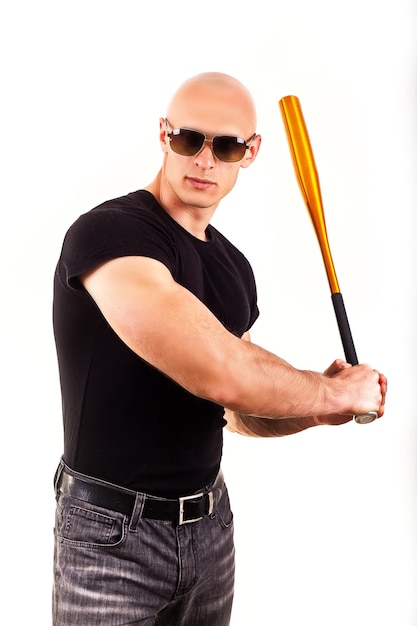 Photo violence and aggression concept furious screaming angry man hand holding baseball sport bat