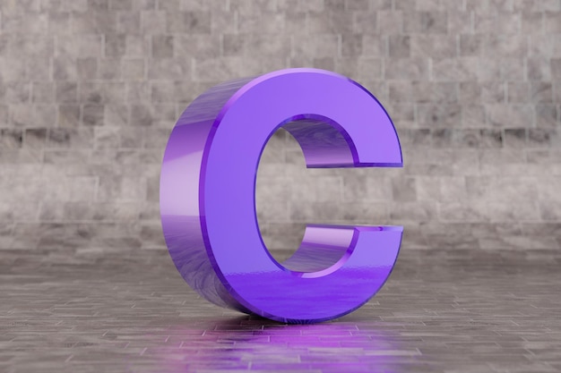 Violet 3d letter C uppercase. Glossy indigo letter on tile background. Metallic alphabet with studio light reflections. 3d rendered font character.