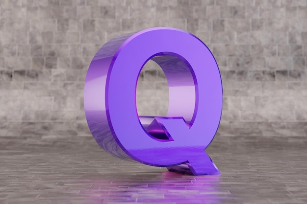 Violet 3d letter Q uppercase. Glossy indigo letter on tile background. Metallic alphabet with studio light reflections. 3d rendered font character.