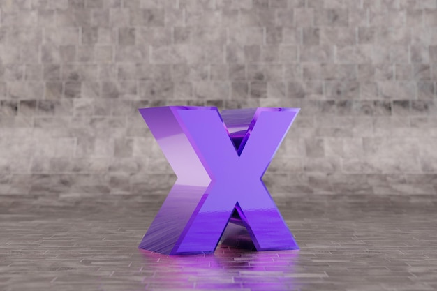 Фиолетовый 3d буква X в нижнем регистре. Глянцевая буква индиго на фоне плитки. Металлический алфавит с отражениями студийного света. 3D визуализированный символ шрифта.