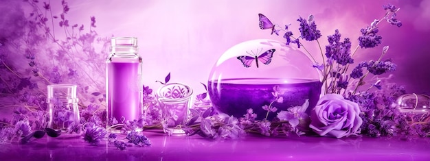 Violet color abstract banner with perfume flower and butterfly made with Generative AI