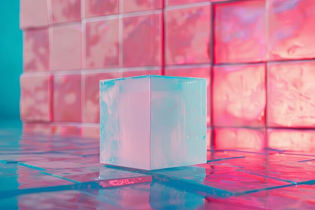 Photo a violet cube stands on a tiled floor by a pink wall