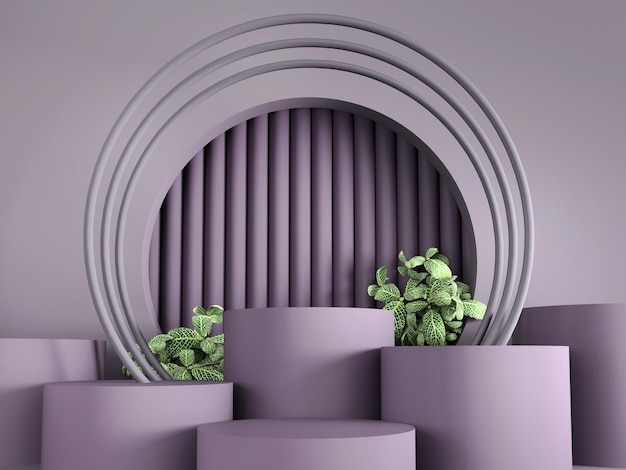 Violet empty mock up space with multiple platforms and green leaf decoration 3D Rendering