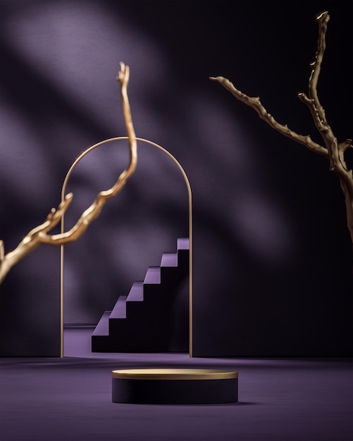 Violet en goud podium podium stand met gouden boom achtergrond voor product plaatsing 3d render