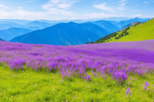 Violet flowers blooming Majestic Carpathian Mountains Beautiful landscape of nature