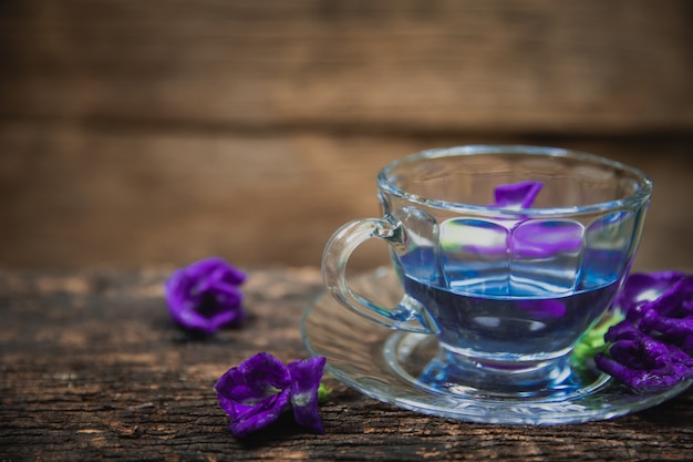 Violet flowers in hot drinking tea