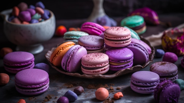紫のフランス菓子詰め合わせマカロンクッキー生成ai