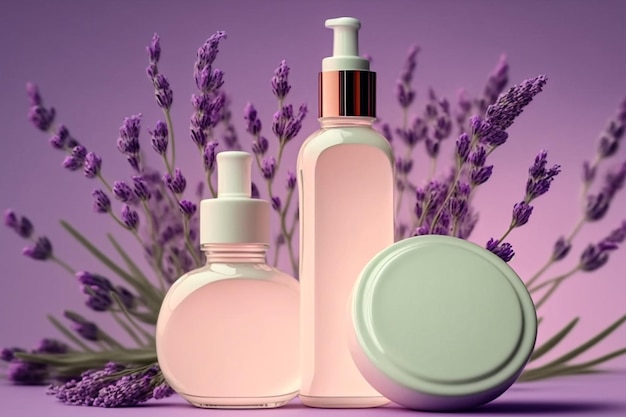 Violet lavendelbloem geurende shampoo en gel roze flessen illustratie Generatieve AI