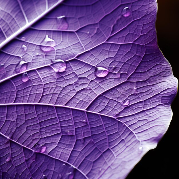 Foto violet leaf close up ultra gedetailleerde intense kleurvelden met waterdruppels