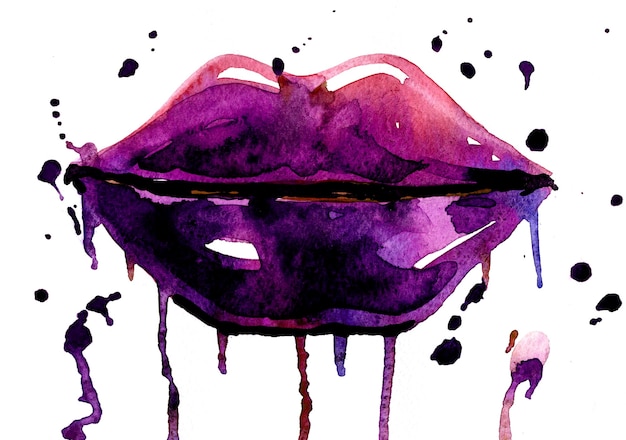 Photo violet lips painted in watercolor