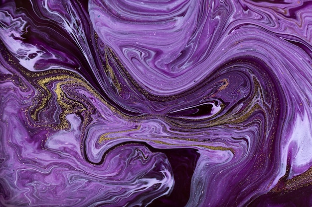 Violet marble abstract background. Mixed inks texture with golden glitter.