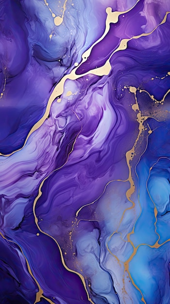 Violet marble background with golden veins fluid art