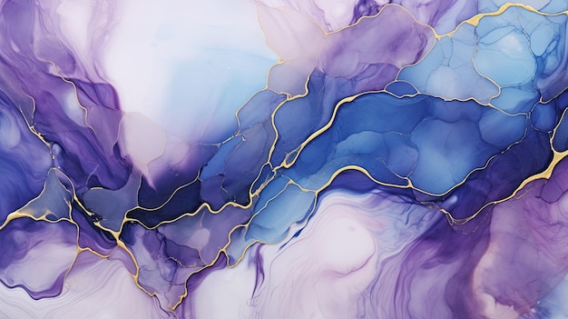 Violet marble background with golden veins fluid art