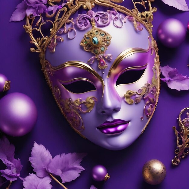 Violet mask and decorations top view