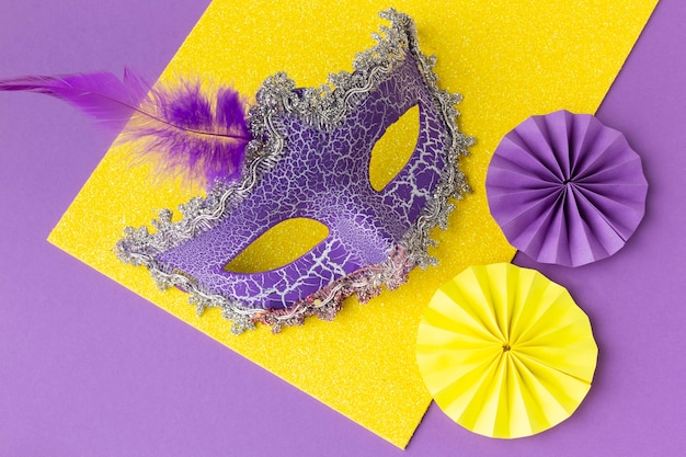 Violet mask with paper decoration top view