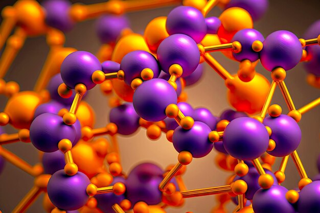 Фиолетово-оранжевые модели атомов с длинными соединениями в структуре крупного плана молекулы
