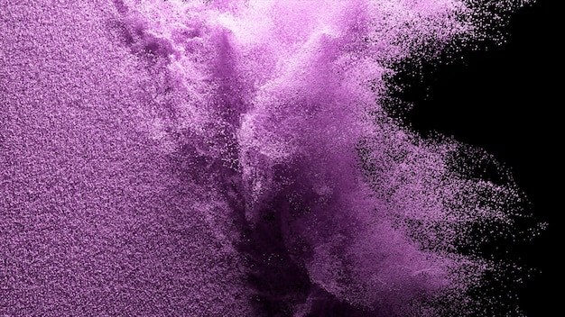 Violet particles fly on a black background The wind blows away colored sand Powder Spray Texture 3d illustration