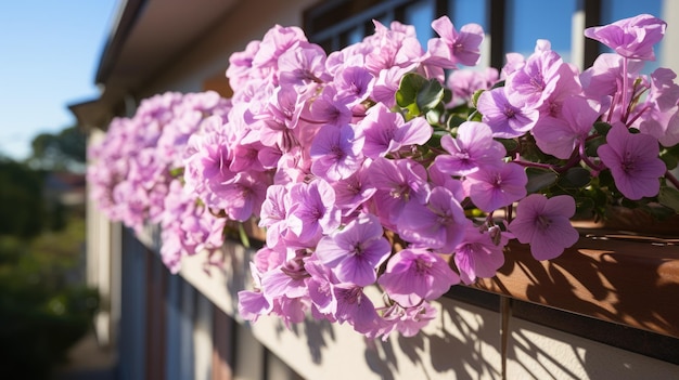 バルコニーで育つ紫色のペラルゴニウムの花