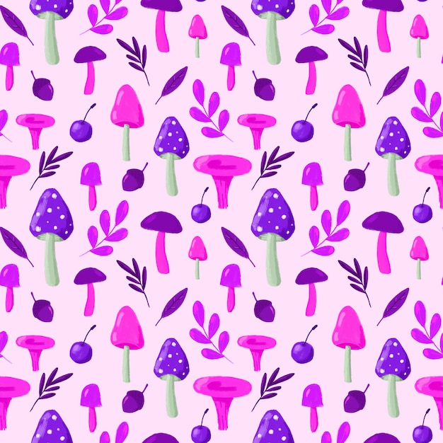 Violet pink autumn leaves mushrooms seamless pattern Cartoon mushrooms on pink repeat print