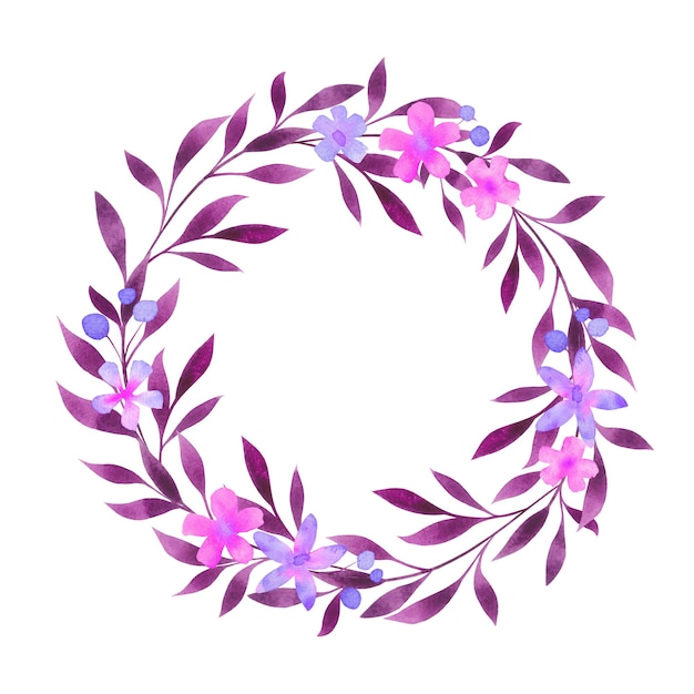violet, pink floral round wreath, frame, border, blank, template isolated on white. watercolor botanical illustration for copy space, card, greeting, invitation. flowers, leaves circle design element.