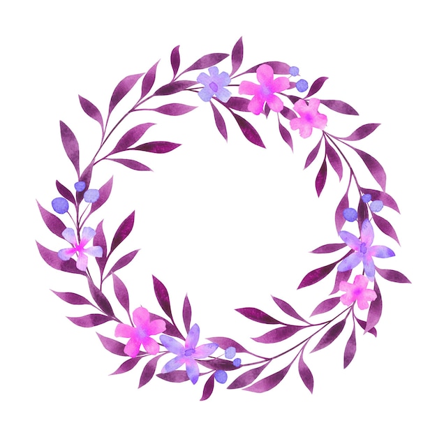 Violet, pink floral round wreath, frame, border, blank, template isolated on white. Watercolor botanical illustration for copy space, card, greeting, invitation. Flowers, leaves circle design element.